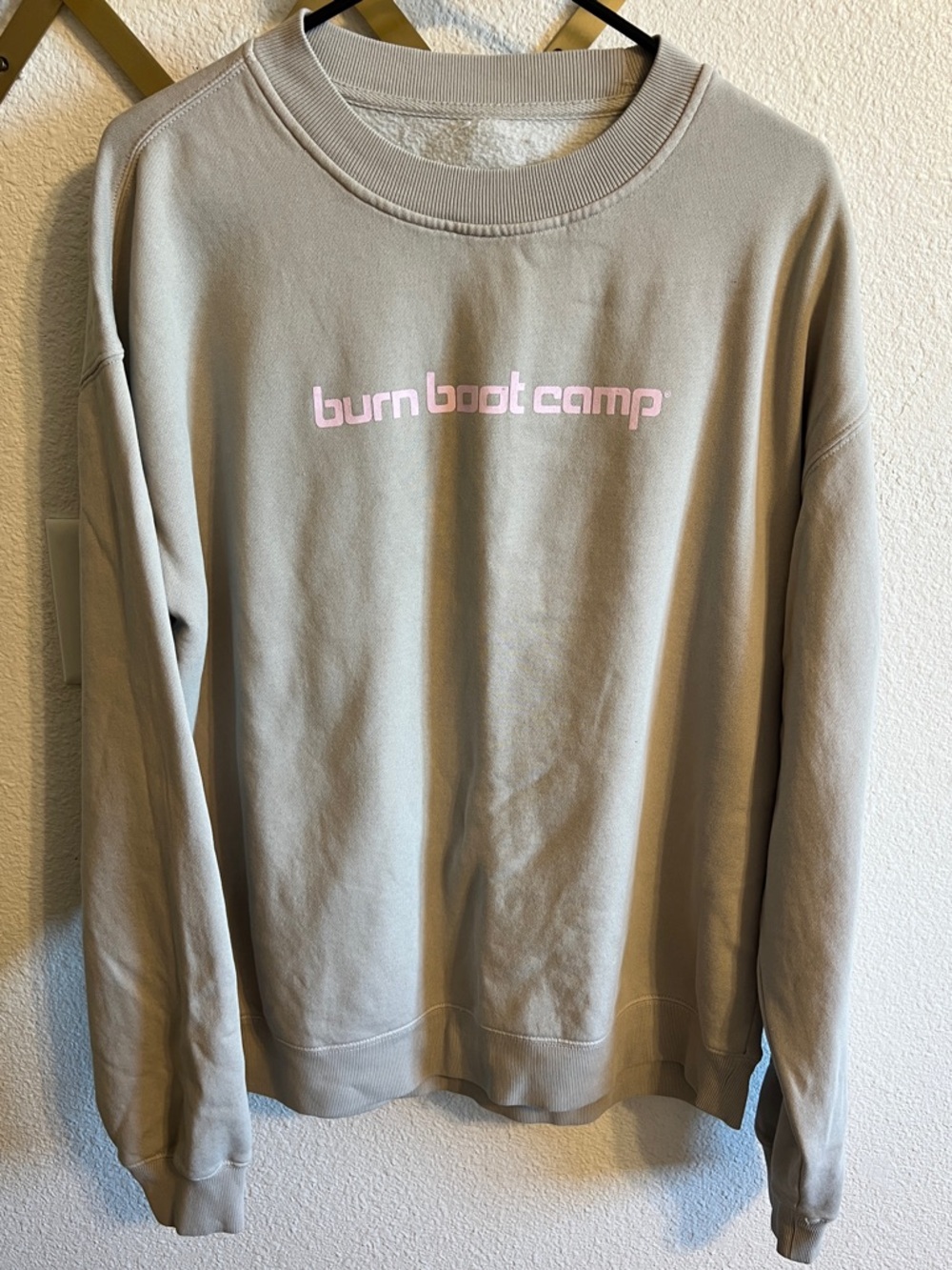 NWOT Burn Boot Camp Logo Crewneck Sweatshirt in Taupe with Pink Logo
